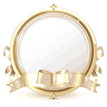 A golden circular badge with ribbon decoration, white background