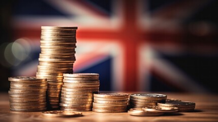 A pile of British coins in front of a blurred flag, a symbol of economy or finance