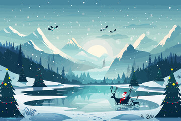 a christmas scene with a santa clause riding a sleigh - obrazy, fototapety, plakaty