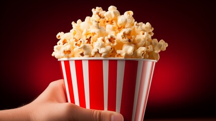 Hand holding a delicious popcorn box, perfect for enjoying with utmost pleasure during movie time, providing a delightful snacking experience.