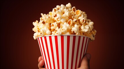 Hand grasping a delectable popcorn box, enhancing the movie watching experience with its delicious flavor, adding an extra dimension of enjoyment to the film.