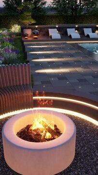 3D render. Landscaping around the backyard pool with evening lights. Vertical format for phone