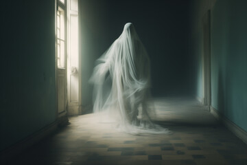 Vintage blurred image of creepy ghost woman in dark haunted house.