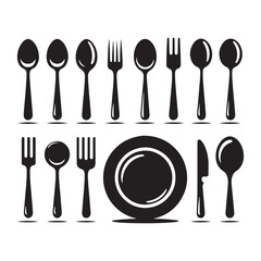 Vector Silhouette of Spoon, Fork, and Plates: Dining Utensils in Elegant Table Setting.