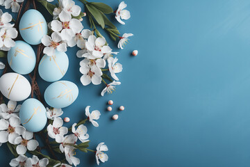 Colorful easter eggs and blossom, top view on light blue colored background.