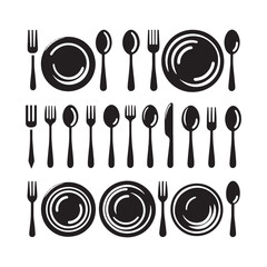 Vector Silhouette of Spoon, Fork, and Plates: Dining Utensils in Elegant Table Setting.