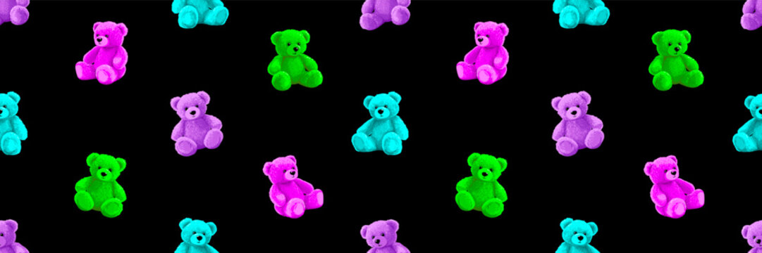 Neon cartoon bear doll background for teens and children. Fluffy soft stuffed toys seamless pattern. Little teddy bears vector illustrations in trendy style. Acid magenta cian lime black colors.