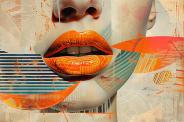 Abstract contemporary art collage of young woman lips and geometric shapes.
