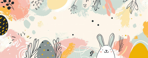 Fototapeta na wymiar Happy Easter background with cute hand drawn eggs, bunny and abstract shapes on a pastel background