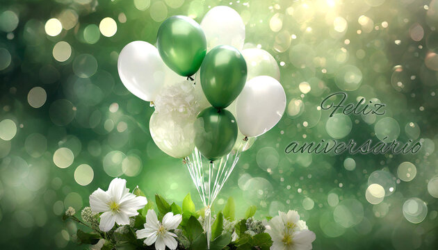 cartão ou banner para desejar feliz aniversário em verde com um buquê de balões, branco e verde e abaixo flores brancas sobre fundo verde com círculos em efeito bokeh