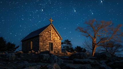 A stone chapel with a cross, illuminated at night,
