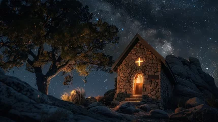 Zelfklevend Fotobehang Oud gebouw A stone chapel with a cross, illuminated at night,