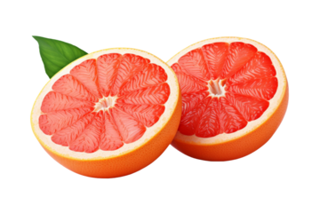 Citrus Elegance: A Grapefruit Halved, Featuring a Fresh Green Leaf. On a White or Clear Surface PNG Transparent Background.