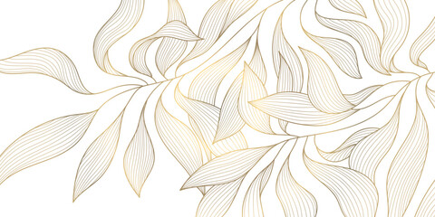 Vector gold on white abstract floral pattern. Leaf luxury texture, wavy elegant golden illustration. Vintage plant flower design, jungle foliage decor - 767804279