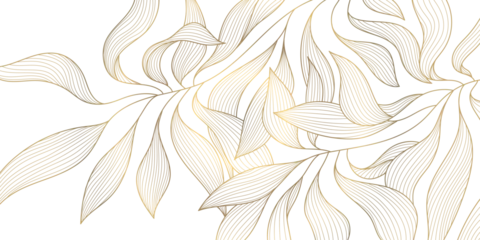 Fotobehang Vector gold on white abstract floral pattern. Leaf luxury texture, wavy elegant golden illustration. Vintage plant flower design, jungle foliage decor © marylia17
