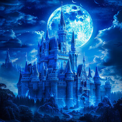 A majestic castle perched on a rocky cliff under a large full moon in a starry night sky