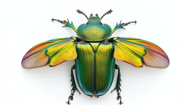 close up view of detailed green scarab beetle with open wings isolated on white background