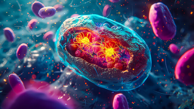 A detailed illustration of a cell, with mitochondria powered by Coenzyme Q10 (CoQ10), surrounded by a fluid mosaic of phospholipids rich in omega fatty acids, emphasizing cellular energy