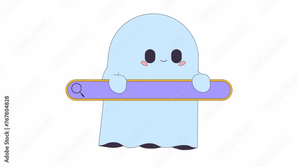 Poster using anonymous search engine line 2d animation. little ghost holding webpage field 4k video motion 