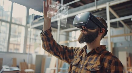 Man gesturing towards a 3D holographic projection. A bearded man immersed in Virtual Reality technology gestures towards a 3D holographic projection of a building structure - obrazy, fototapety, plakaty