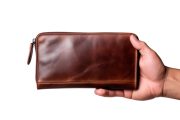 Grasping Wealth: A Hand Embracing a Luxurious Brown Leather Wallet. On a White or Clear Surface PNG Transparent Background.