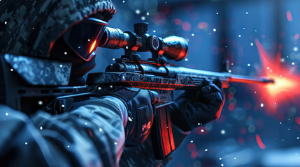 Shooting - Rifle: A shooter aiming and firing a rifle with precision in a shooting event - obrazy, fototapety, plakaty