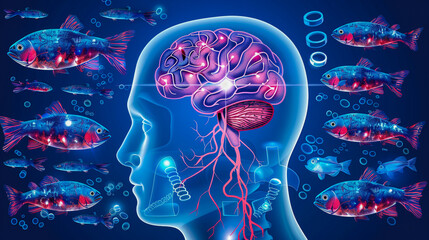 A dynamic illustration showing a brain powered by Omega-3 fatty acids, with electrical impulses as fish swimming through neural pathways, against a backdrop of cognitive function enhancement - obrazy, fototapety, plakaty