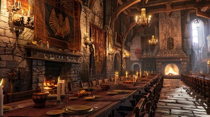Inside a medieval castle's great hall, with towering stone walls adorned with tapestries, a massive fireplace, and long wooden tables set for a feast.