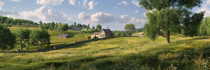 Rustic farmhouse surrounded by rolling hills and fields. Rural tranquility and simplicity - obrazy, fototapety, plakaty