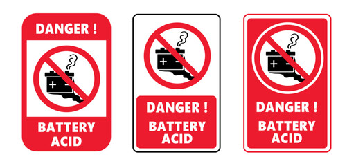 Stop battery acid, leaking batteries. Electrical voltage warning. Dangerous batteries warning sign or icon. Battery leak symbol. Safety, broken battery. Rechargeable electricity. No toxic fumes.