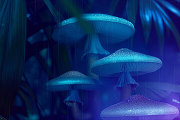A group of blue mushrooms are shown in a forest setting