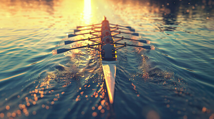 Rowing - Coxless Four: A rowing team of four rowers in a coxless boat, rowing in sync and powering through the water. - obrazy, fototapety, plakaty
