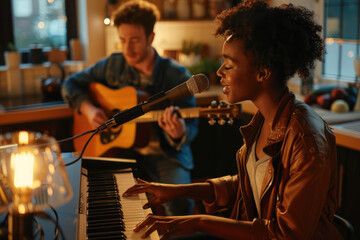 Black woman playing piano and white man with guitar in the background - obrazy, fototapety, plakaty