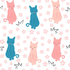cute hand drawn cartoon character pink and blue cat and daisy flowers seamless vector pattern background illustration - 767805493