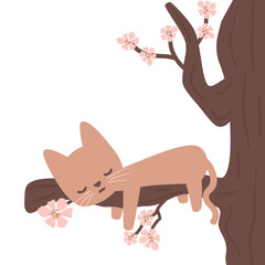 cute hand drawn cartoon character little cat sleeping on cherry tree funny vector illustration