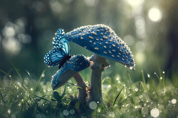 A blue mushroom with a butterfly on top of it - obrazy, fototapety, plakaty