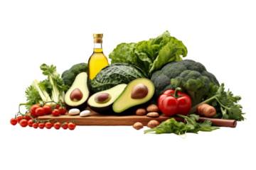 Culinary Canvas: Fresh Vegetables and Olive Oil on Wooden Cutting Board. On a White or Clear Surface PNG Transparent Background.