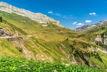Fototapeta na wymiar Mountain landscape at Klausen Pass, Unterschaechen, Canton of Uri, Switzerland