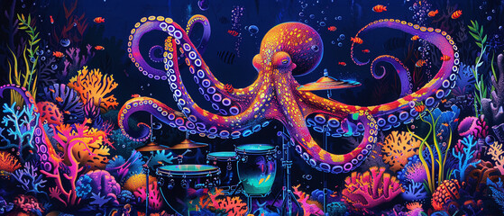 A glowing octopus playing drums underwater, surrounded by neon coral and fish, blending music with oceanic life, vibrant and dynamic