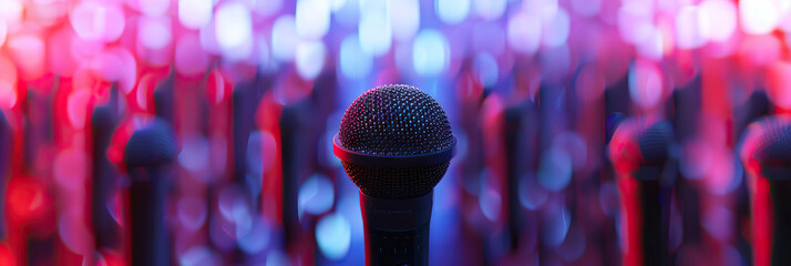 Microphone at Press Conference. Political election in america. Red white and blue
