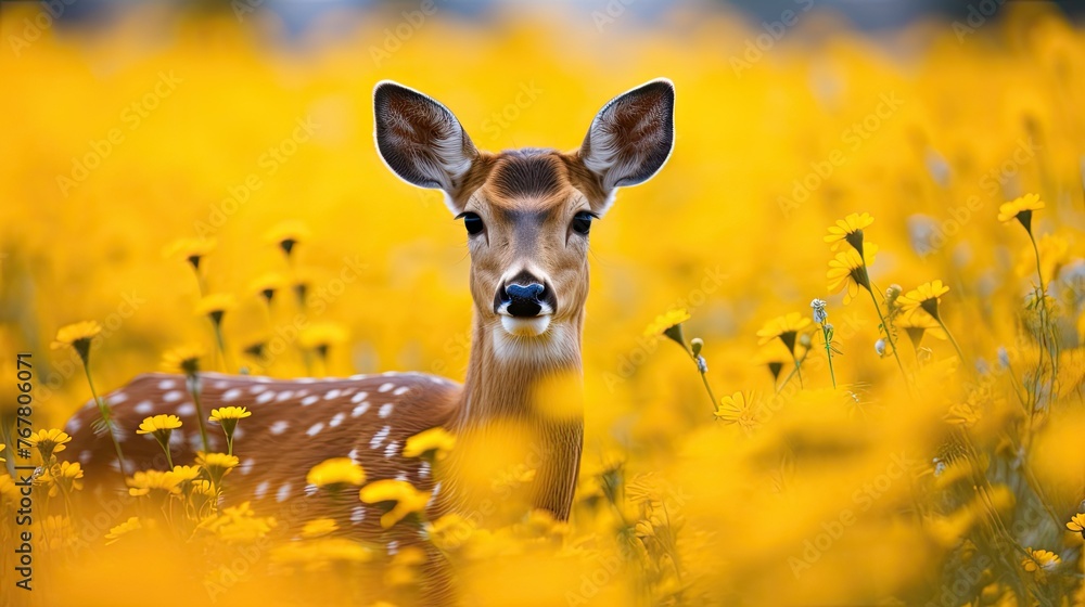 Wall mural A deer is standing in a field of yellow flowers. The deer is looking at the camera. The image has a peaceful and serene mood