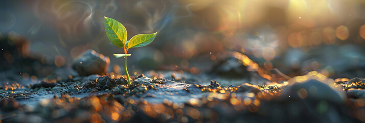 Macro view of a seedling breaking through the soil, representing hope, growth, and new beginnings