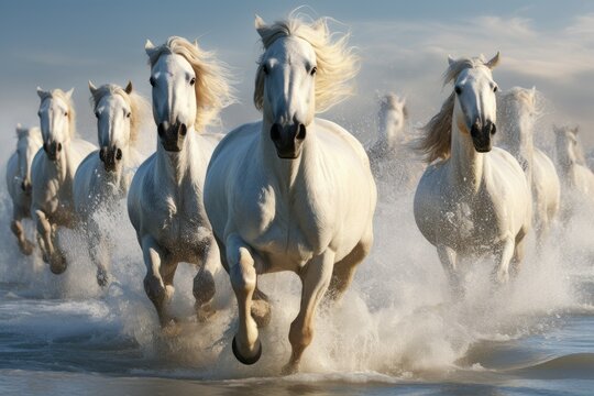 A group of white horses running in the water. The horses are all running at the same time and are all in the same direction