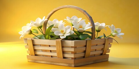 White flowers in wooden basket on yellow spring background 3D Rendering