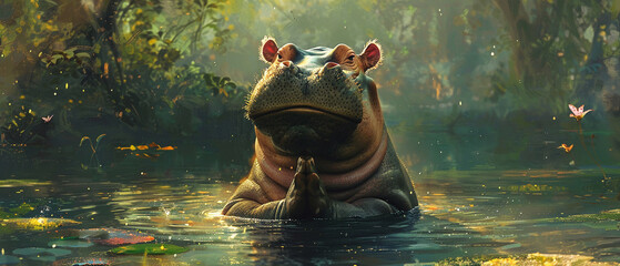 A radiant hippopotamus doing yoga in a luminous river, blending fitness with river life, in a peaceful, vibrant setting