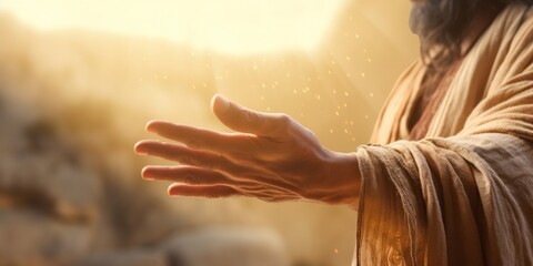 A close-up in the Bible showing the hands of Jesus Christ amidst an evening sunset. Stunningly beautiful sky - obrazy, fototapety, plakaty