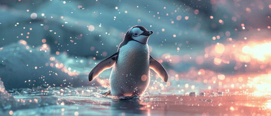 A radiant penguin ice skating in a luminescent polar scene, combining sport with arctic charm, in a vivid, fantastical setting - obrazy, fototapety, plakaty