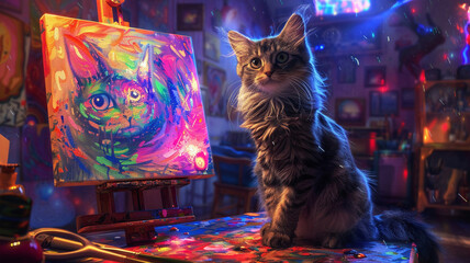 A shimmering cat painting on a canvas in a neonlit studio, mixing artistry with feline grace, in a colorful, imaginative setting