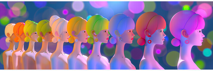 Group of women with different skin colors. Concept of individuality and uniqueness. 3D Rendering style illustration