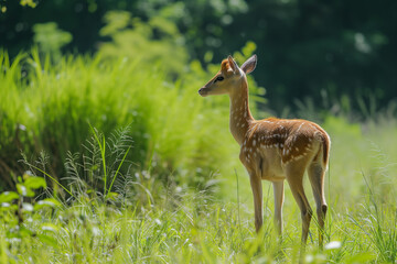 A deer is standing in a lush green field. The deer is small and brown with white spots. Concept of peace and tranquility, as the deer is surrounded by nature and he is enjoying its surroundings